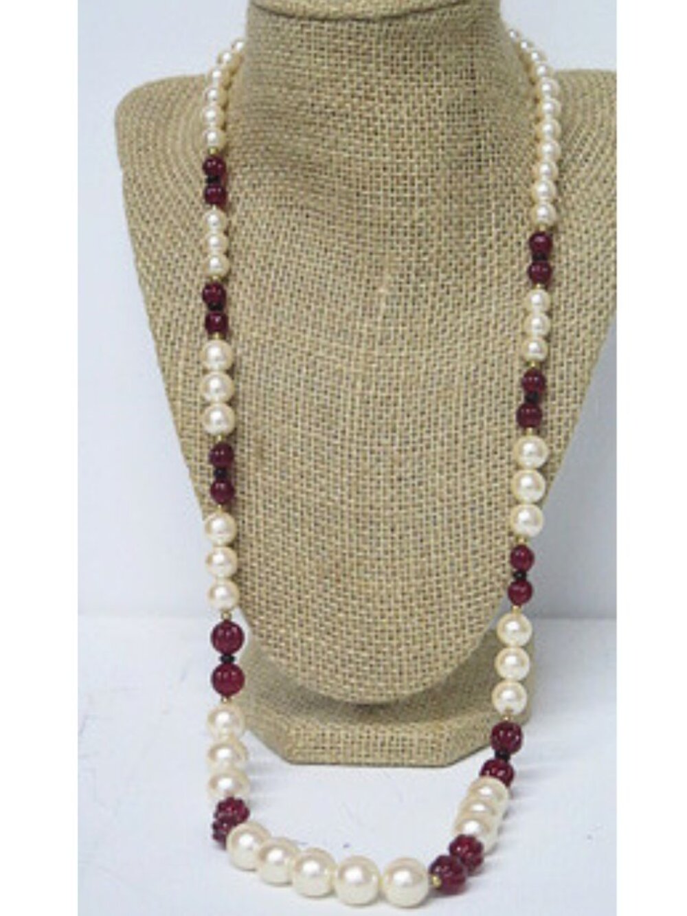 Long Faux Pearl & Burgundy Beaded Statement Necklace Gold Tone Vintage Style